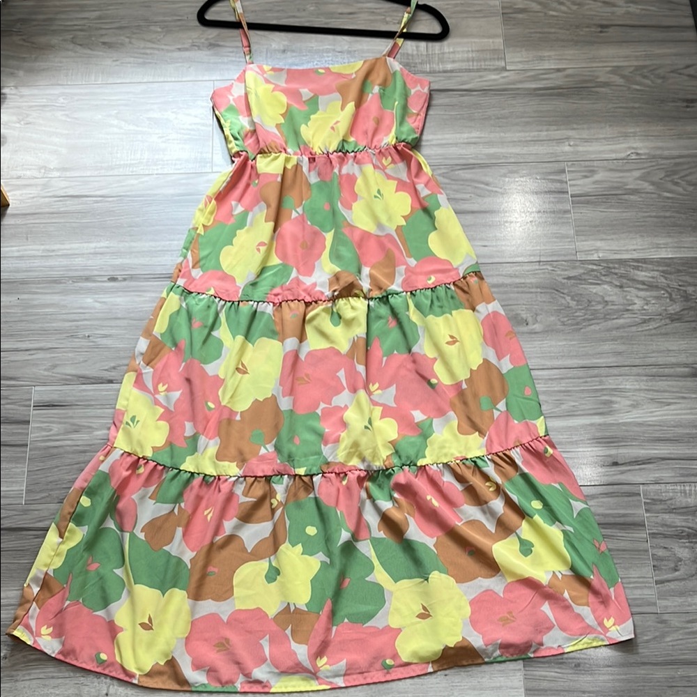 SOCIAL STANDARD Pink and Yellow High Low Sundress with Spaghetti Straps